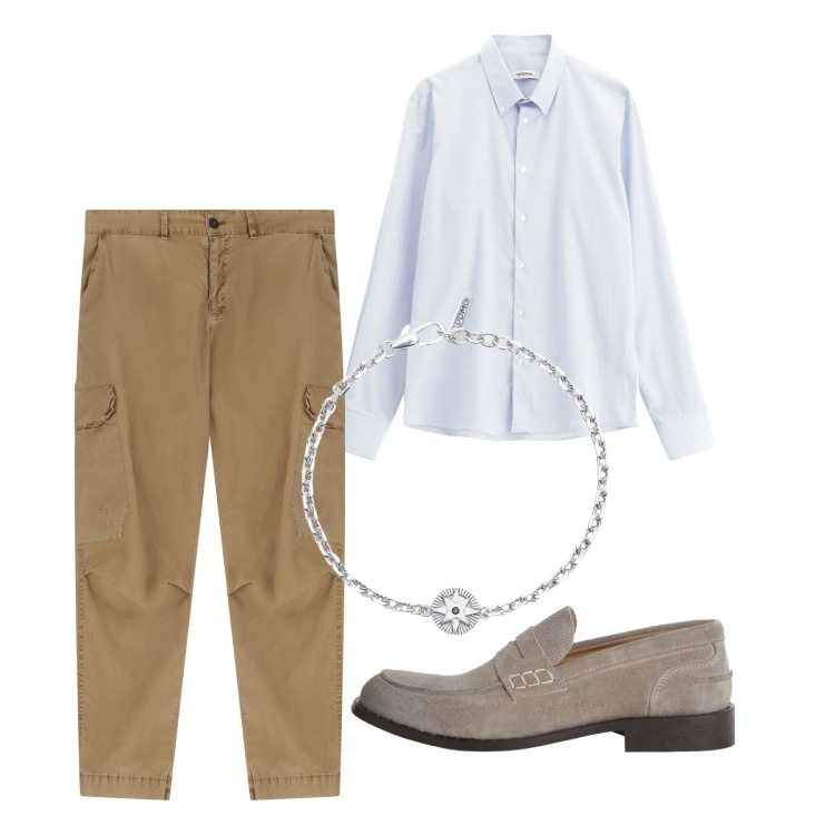 Outfit uomo - Giugno. Stile Casual per Tutti i giorni. Abbinamento con braccialetti, pantaloni cargo, scarpe stringate, camicie.