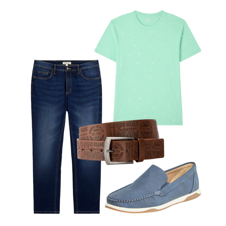 Outfit uomo - Giugno. Stile Casual per Tutti i giorni. Abbinamento con jeans dritti, cinture, t-shirt, scarpe stringate.