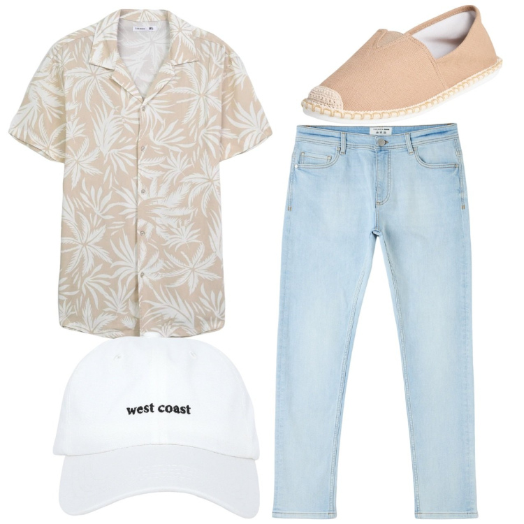 Outfit uomo - Estate. Stile Casual per Tutti i giorni. Abbinamento con espadrillas, jeans skinny, cappelli, camicie a manica corta.