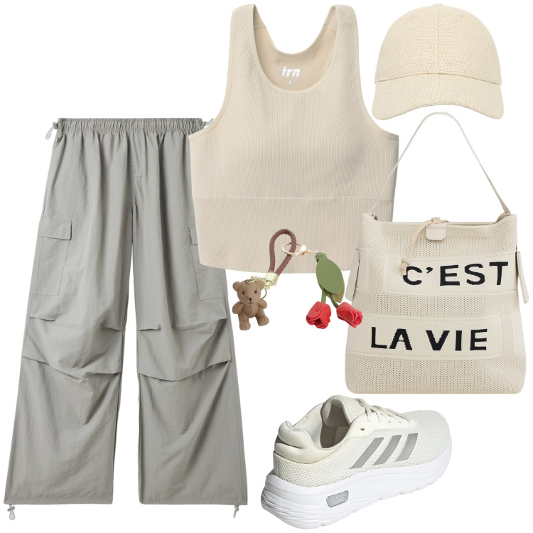 Outfit donna - Pronta per la passeggiata. Stile Casual chic per Tutti i giorni. Abbinamento con cappelli con visiera, top sportivi, pantaloni cargo, borse a mano, ciondoli, sneakers.