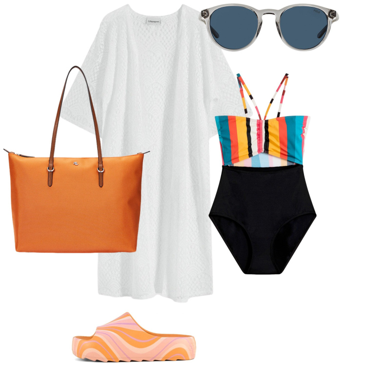 Outfit donna - Total look #2191149. Abbinamento con costumi interi, vestiti da spiaggia, occhiali da sole, borse tote, ciabatte.