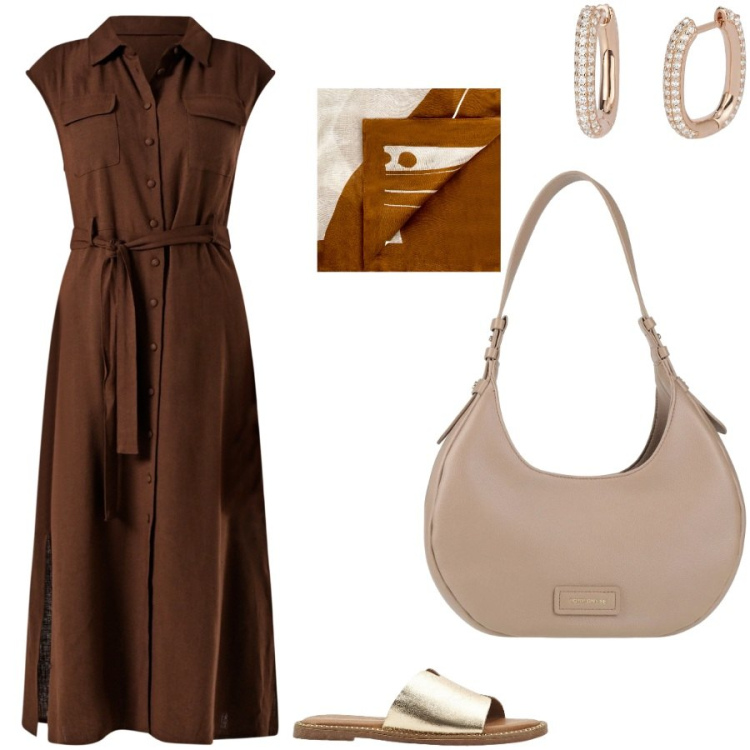 Outfit donna - Spese in centro. Stile Casual chic per Tutti i giorni. Abbinamento con ciabatte, borse a spalla, orecchini, vestiti chemisier, sciarpe.