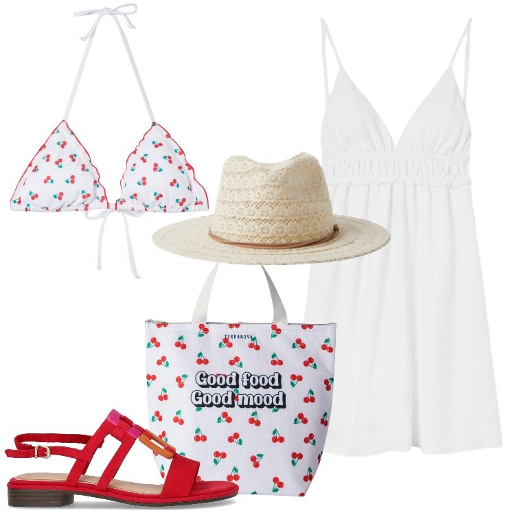 Outfit donna - Bianco curvy power - Focus Donna Curvy. Stile Trendy per Mare. Abbinamento con cappelli, vestiti corti, borse tote, bikini, sandali.