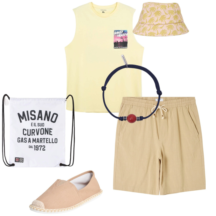 Outfit uomo - Total look #2191177. Abbinamento con shorts, borse sportive, espadrillas, cappelli con visiera, canottiere, braccialetti.