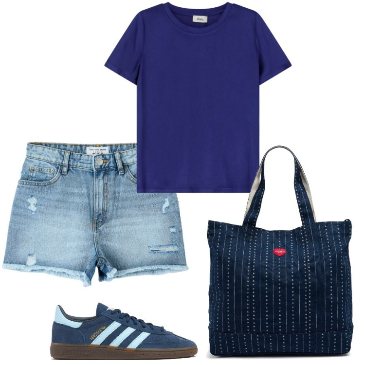 Outfit donna - Semplice di primo mattino. Stile Casual per Tutti i giorni. Abbinamento con shorts, t-shirt, borse tote, sneakers.