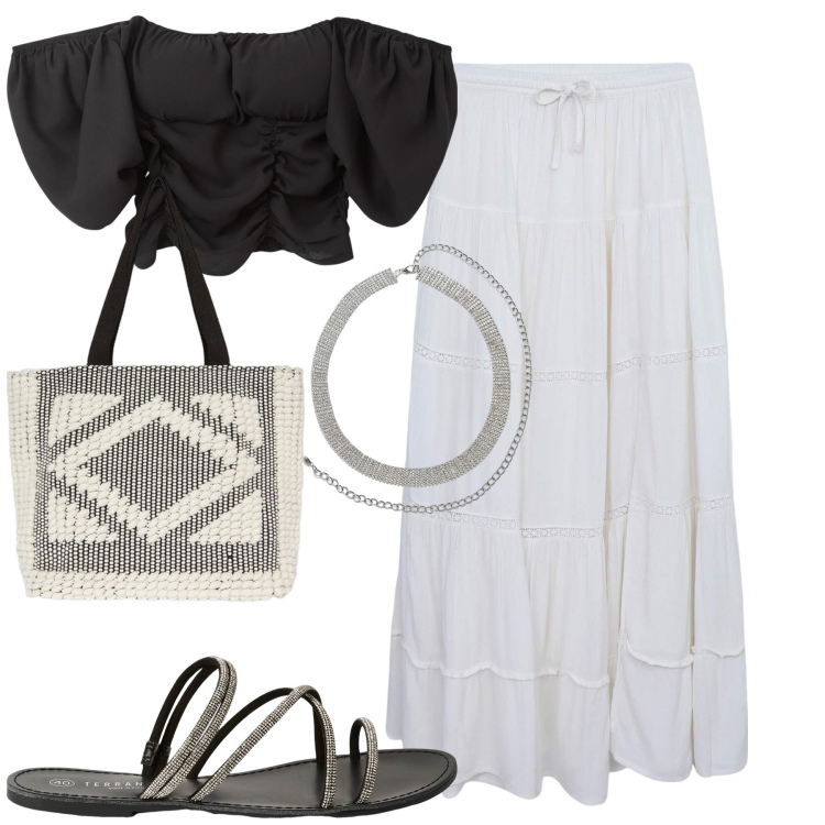 Outfit donna - Boho. Stile Boho per Tutti i giorni. Abbinamento con bluse, cinture, gonne lunghe, sandali, shopping bag.