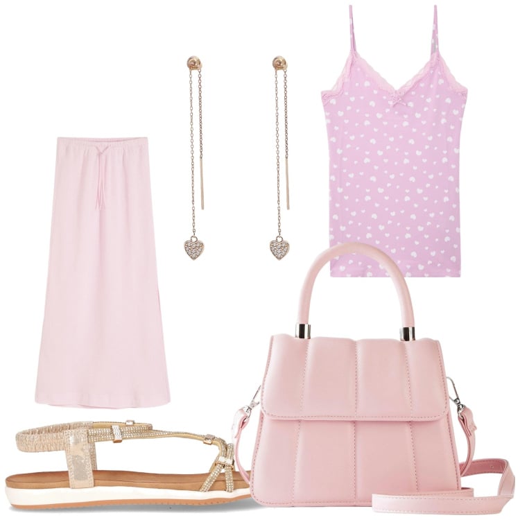 Outfit donna - Fiori rosa. Stile Casual chic per Tutti i giorni. Abbinamento con gonne lunghe, borse a tracolla, top, orecchini, sandali in pelle.