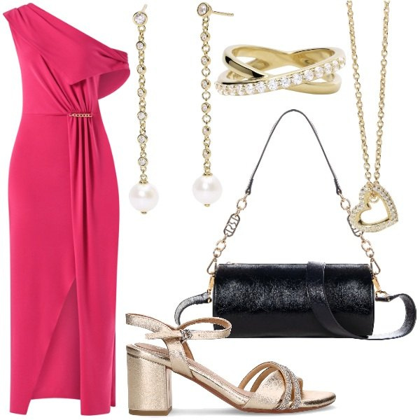 Outfit donna - Curvy Sensuale e raffinata. Stile Glamour per Cerimonia. Abbinamento con orecchini, anelli, collane, borse a mano, vestiti lunghi, sandali in pelle.