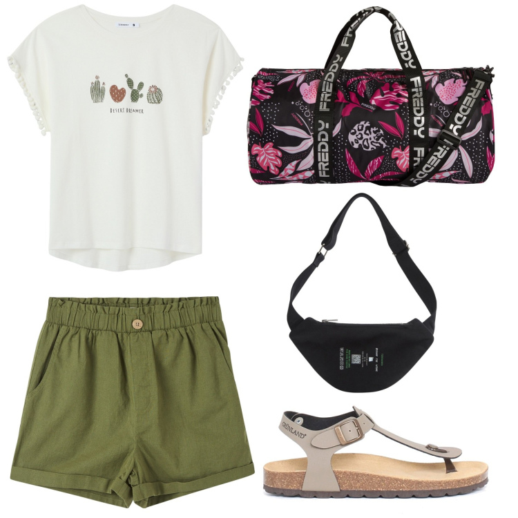 Outfit donna - Look da viaggio. Stile Basic per Tutti i giorni. Abbinamento con pantaloni corti, t-shirt, marsupi, borse sportive, sandali.