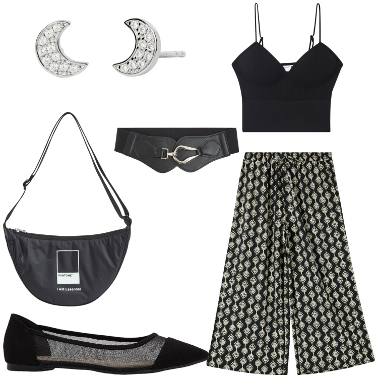 Outfit donna - Comoda tutto il giorno. Stile Casual per Tutti i giorni. Abbinamento con ballerine, marsupi, top, pantaloni a palazzo, cinture, orecchini.