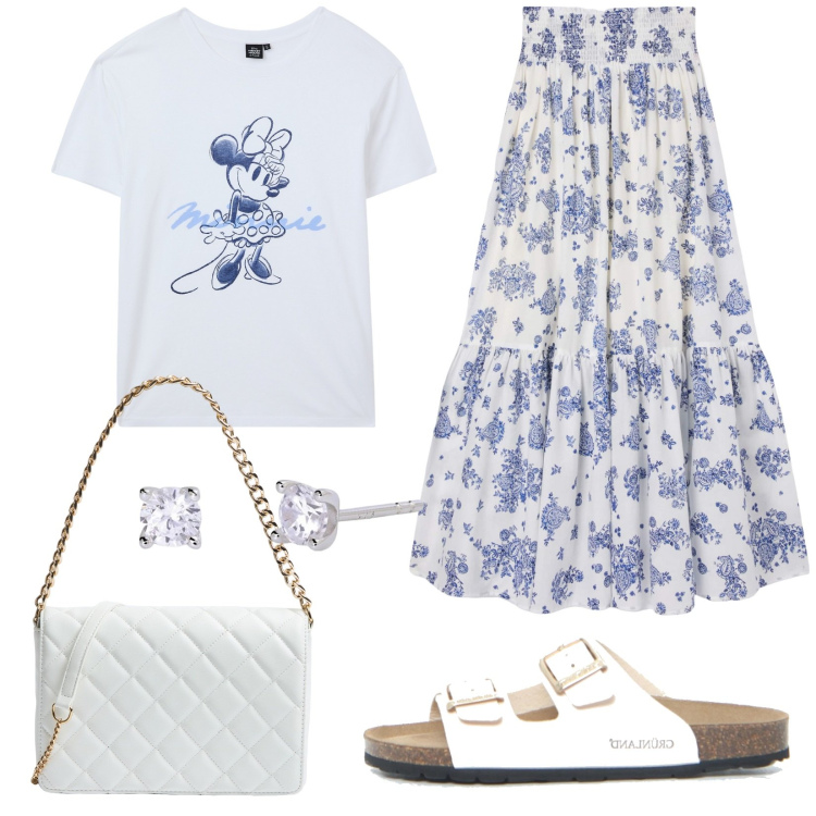 Outfit donna - Bianco Power. Stile Basic per Tutti i giorni. Abbinamento con orecchini, t-shirt, gonne lunghe, borse a tracolla, ciabatte.