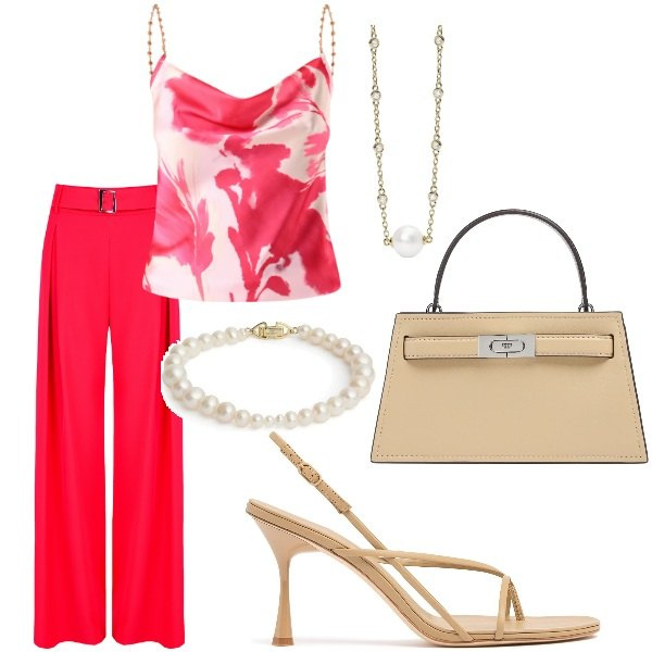 Outfit donna - Matrimonio in vista. Stile Glamour per Cerimonia. Abbinamento con collane, canottiere, pantaloni, braccialetti, borse a mano, sandali in pelle.