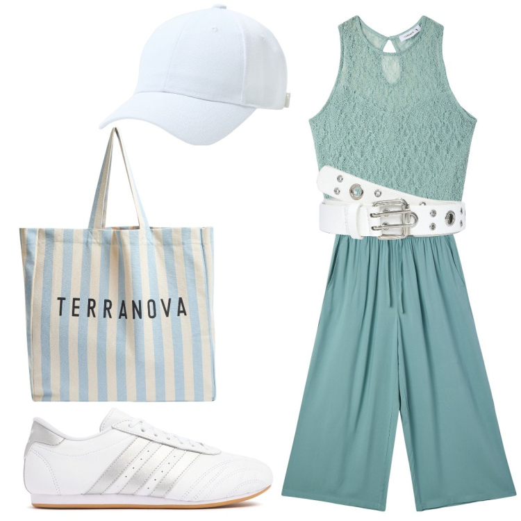 Outfit donna - Verde acqua. Stile Basic per Tutti i giorni. Abbinamento con top, cinture, cappelli, pantaloni a palazzo, borse tote, sneakers.