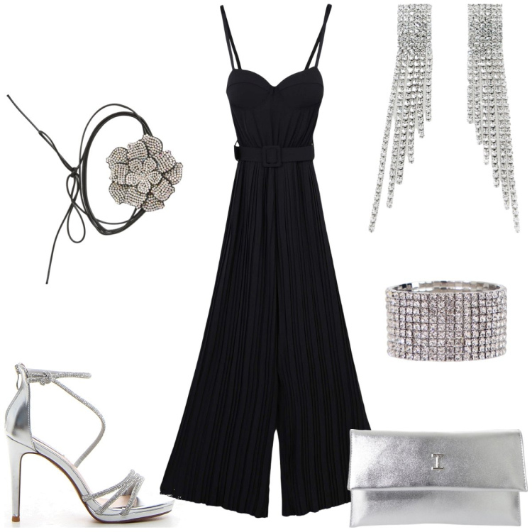 Outfit donna - Serata fuori. Stile Glamour per Serata fuori. Abbinamento con tute, collane, pochette, orecchini, braccialetti, sandali col tacco.