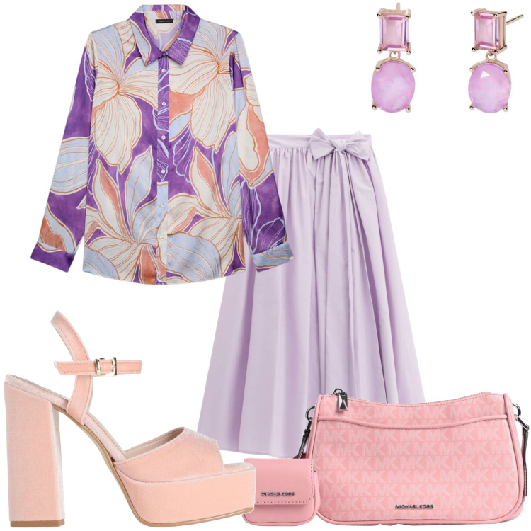 Outfit donna - Pranzo con le amiche. Stile Glamour per Tutti i giorni. Abbinamento con borse a tracolla, sandali in pelle, orecchini, gonne lunghe, camicie.