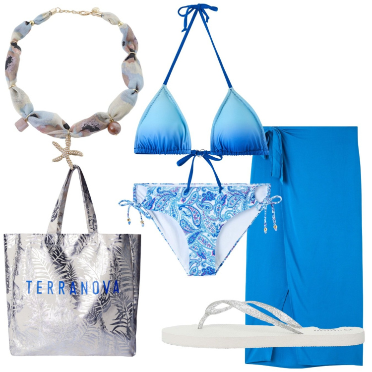 Outfit donna - Costume bianco e blu. Stile Casual per Mare. Abbinamento con bikini, vestiti da spiaggia, borse tote, bikini, infradito, collane.