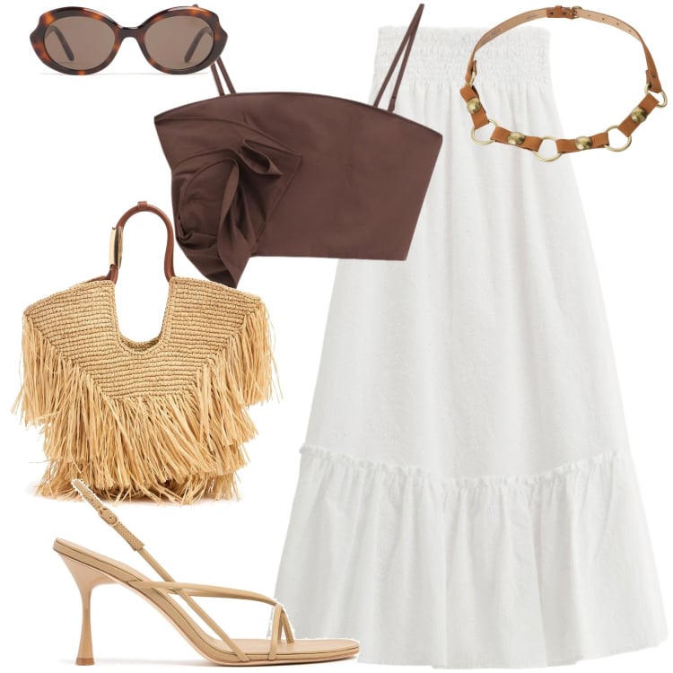 Outfit donna - Summertime. Stile Casual chic per Tutti i giorni. Abbinamento con gonne lunghe, top, cinture, borse tote, sandali in pelle, occhiali da sole.