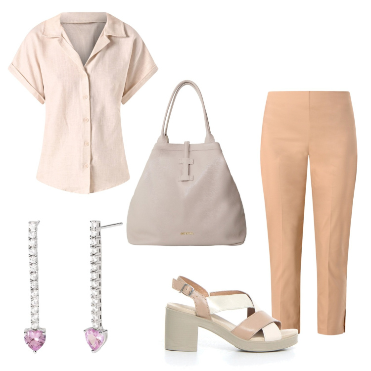 Outfit donna - Total look #2191284. Stile Casual per Tutti i giorni. Abbinamento con borse tote, orecchini, pantaloni skinny, camicie a manica corta, sandali col tacco.
