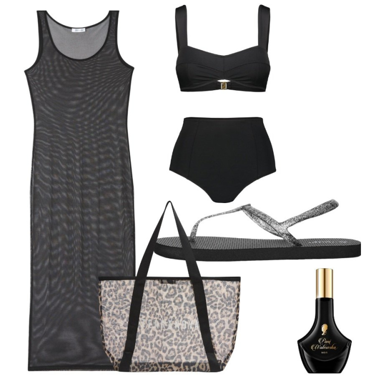 Outfit donna - Mare mare. Stile Basic per Mare. Abbinamento con profumi, vestiti lunghi, shopping bag, ciabatte, bikini.