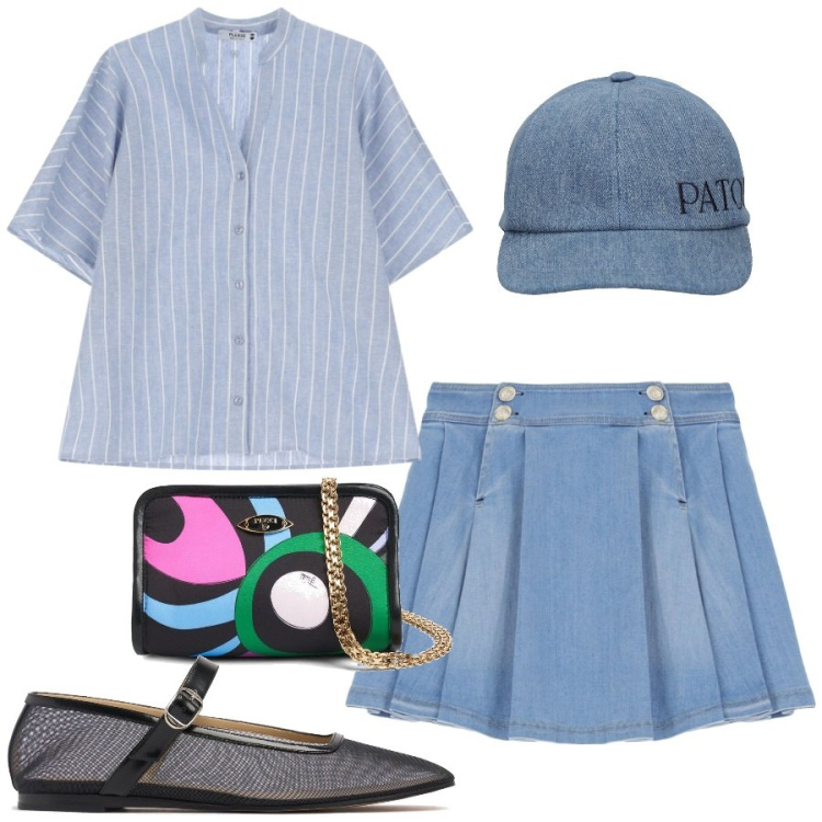 Outfit donna - Camicia a righe e minigonna. Stile Preppy per Scuola/Università. Abbinamento con minigonne, camicie a manica corta, ballerine, cappelli, pochette.