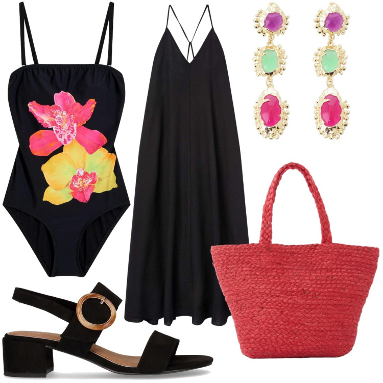 Outfit donna - Vacanze con il costume intero. Stile Casual chic per Mare. Abbinamento con costumi interi, shopping bag, vestiti lunghi, orecchini, sandali col tacco.