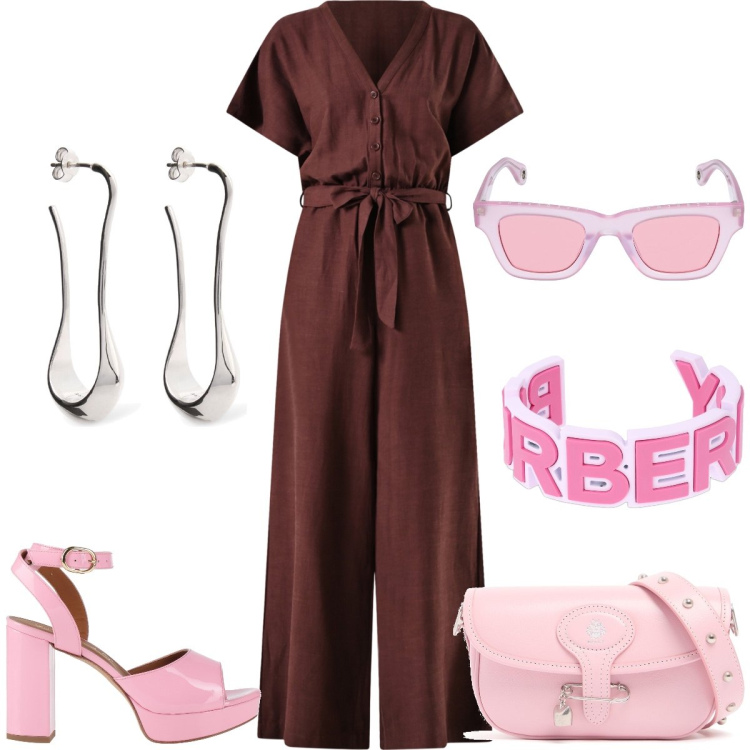 Outfit donna - La tuta color cioccolato. Stile Casual chic per Tutti i giorni. Abbinamento con sandali in pelle, tute, braccialetti, occhiali da sole, orecchini, borse a spalla.