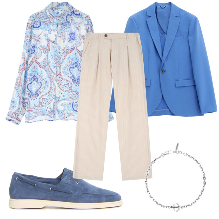 Outfit uomo - Una cerimonia estiva. Stile Business/Elegante per Cerimonia. Abbinamento con braccialetti, pantaloni, camicie, giacche, scarpe stringate.