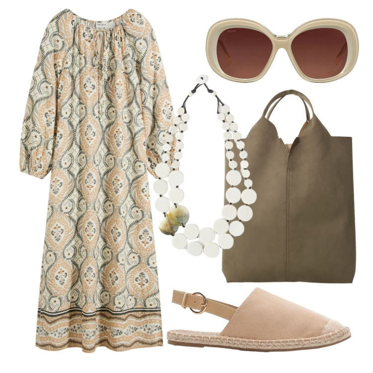 Outfit donna - Etnico in città. Stile Etnico per Tutti i giorni. Abbinamento con caftani, espadrillas, occhiali da sole, shopping bag, ciondoli.