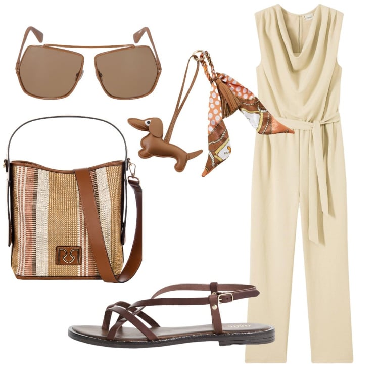 Outfit donna - La tuta beige. Stile Casual per Tutti i giorni. Abbinamento con tute, borse a secchiello, portachiavi, sandali, occhiali da sole.