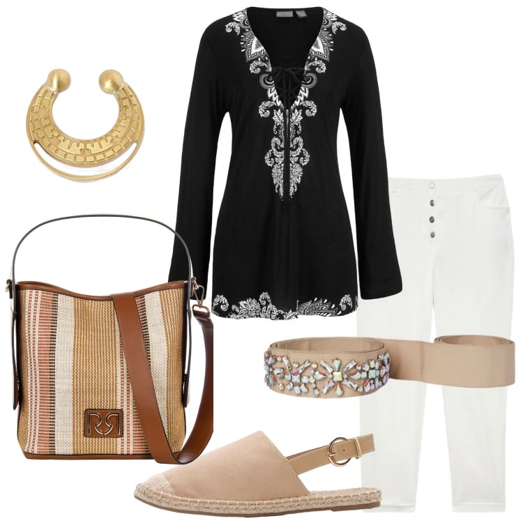 Outfit donna - Con le amiche. Stile Etnico per Serata fuori. Abbinamento con espadrillas, vestiti da spiaggia, borse a secchiello, pantaloni, cinture, orecchini.