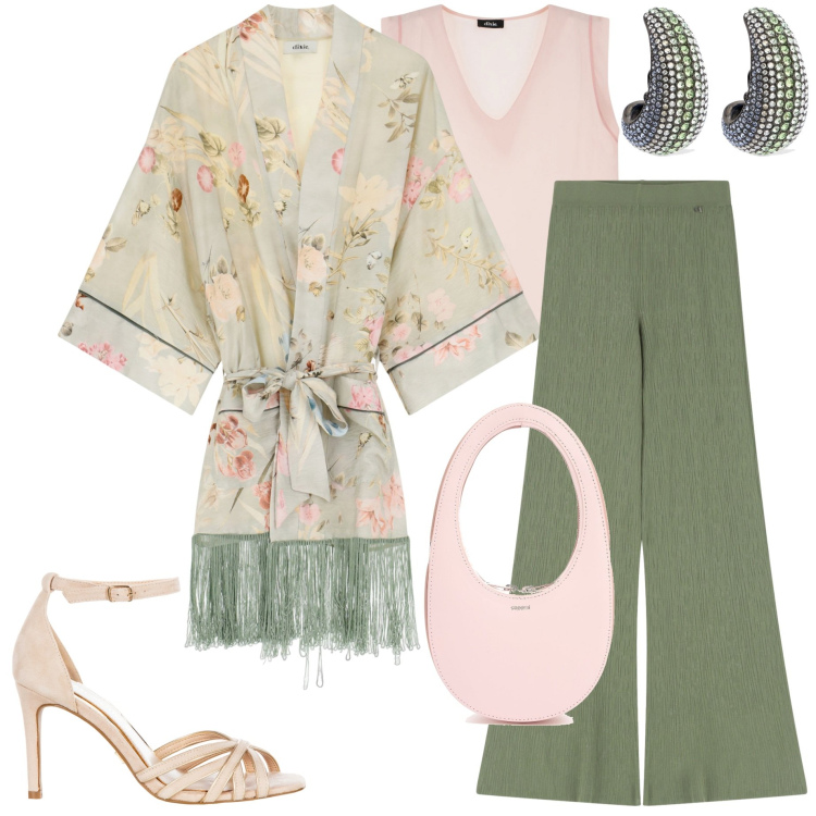 Outfit donna - Festa di compleanno. Stile Chic per Serata fuori. Abbinamento con top, trench, pantaloni, sandali col tacco, borse a mano, orecchini.