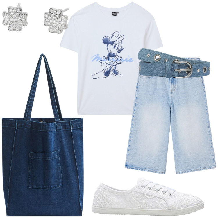Outfit donna - Total look #2191344. Stile Basic per Tutti i giorni. Abbinamento con sneakers, cinture, t-shirt, pantaloni corti, shopping bag, orecchini.