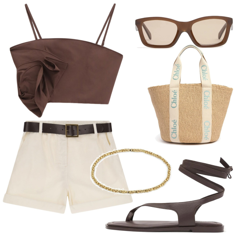 Outfit donna - Top. Stile Urban per Tutti i giorni. Abbinamento con shorts, top, sandali in pelle, occhiali da sole, anelli, shopping bag.