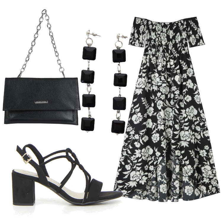 Outfit donna - Total look #2191360. Stile Romantica per Serata fuori. Abbinamento con borse a mano, vestiti lunghi, orecchini, sandali col tacco.