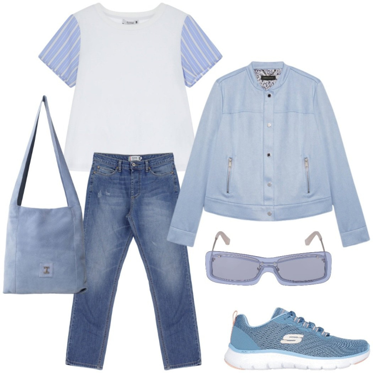 Outfit donna - Tono su tono. Stile Casual chic per Tutti i giorni. Abbinamento con t-shirt, jeans dritti, borse a tracolla, blazer, occhiali da sole, sneakers.