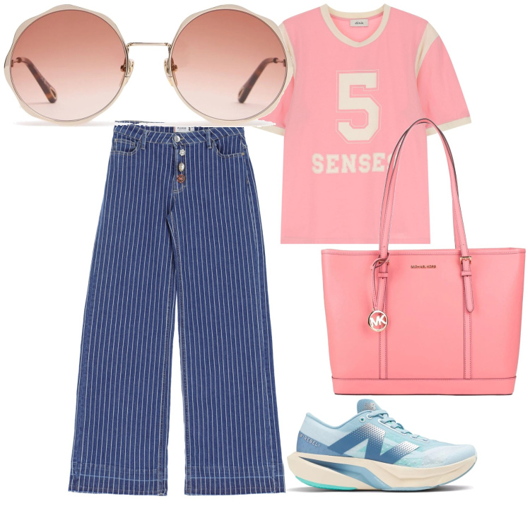 Outfit donna - Sera ai giardini. Stile Casual chic per Tutti i giorni. Abbinamento con borse a spalla, sneakers, jeans, t-shirt, occhiali da sole.