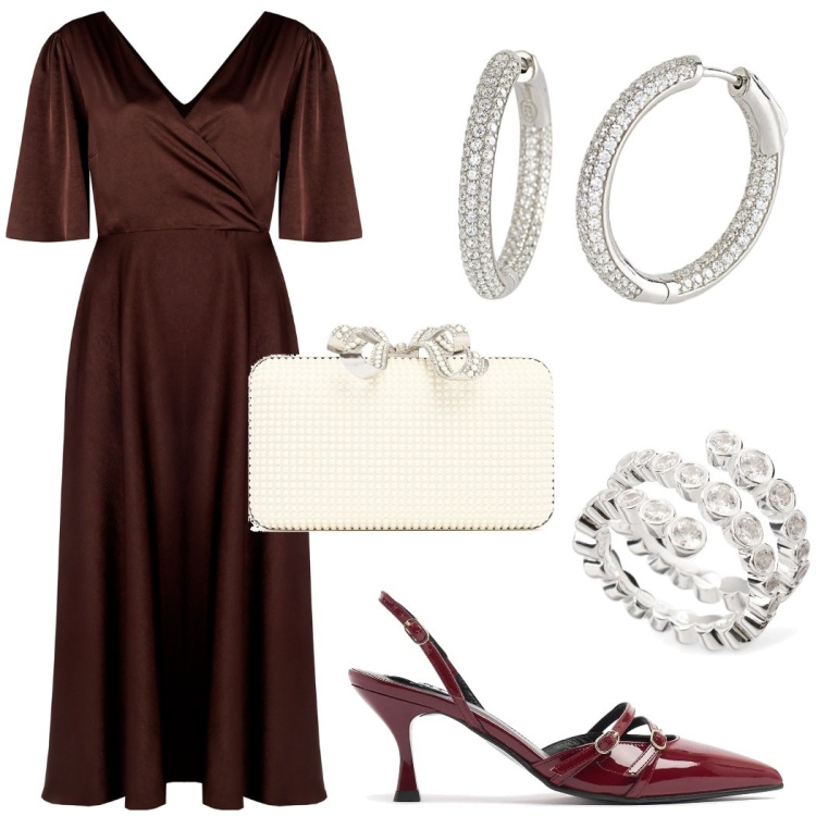 Outfit donna - Cerimonia elegante. Stile Glamour per Cerimonia. Abbinamento con vestiti lunghi, orecchini, anelli, pochette, décolleté.