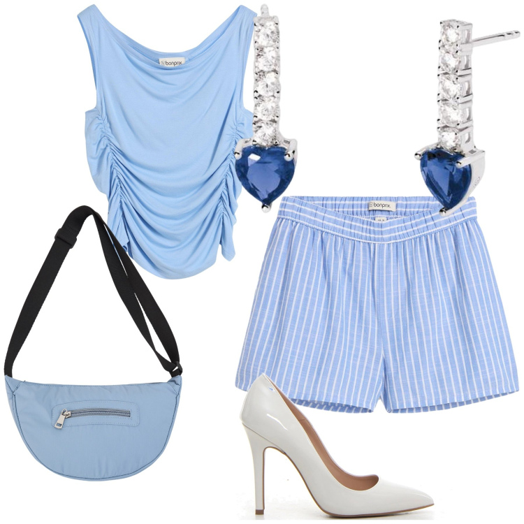 Outfit donna - Serata azzurra. Stile Sexy per Serata fuori. Abbinamento con top, shorts, borse a tracolla, orecchini, décolleté.