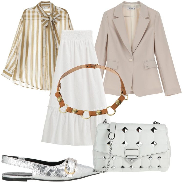 Outfit donna - In città. Stile Urban per Tutti i giorni. Abbinamento con borse a tracolla, ballerine, blazer, gonne lunghe, cinture, camicie.