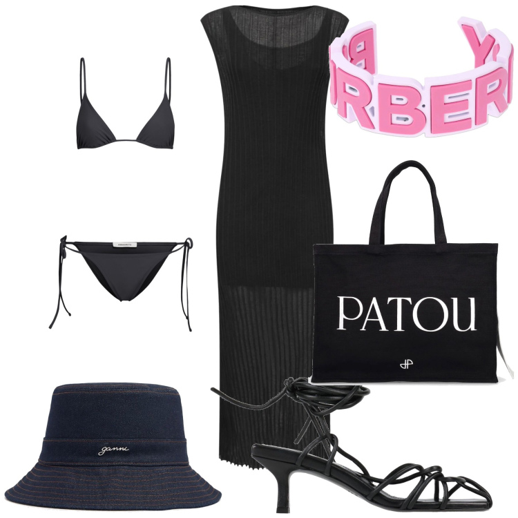 Outfit donna - Un bracciale colorato. Stile Chic per Mare. Abbinamento con sandali col tacco, shopping bag, cappelli, vestiti lunghi, braccialetti, bikini.