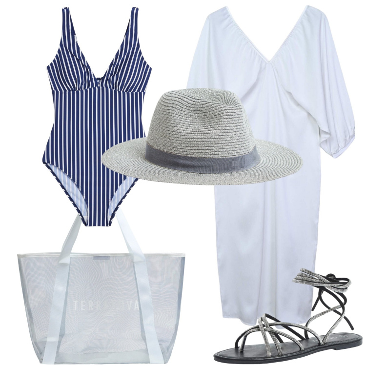 Outfit donna - Costume a righe glamour. Stile Glamour per Mare. Abbinamento con costumi interi, sandali alla schiava, cappelli, vestiti lunghi, shopping bag.