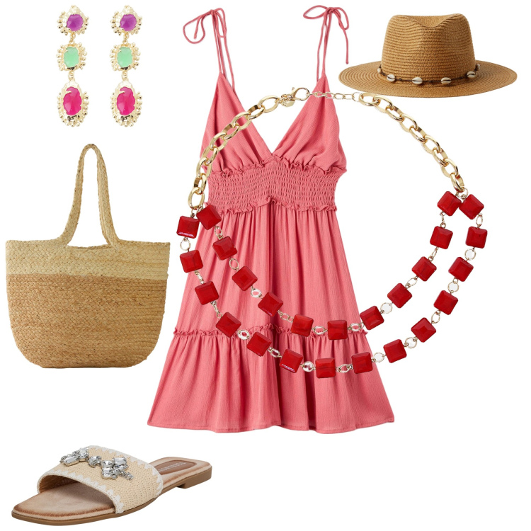 Outfit donna - Total look #2191405. Stile Bon Ton Abbinamento con shopping bag, vestiti corti, ciabatte, cappelli, collane, orecchini.