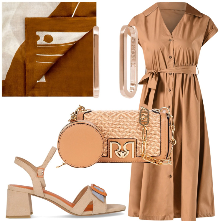 Outfit donna - Sensuale e raffinata. Stile Bon Ton per Tutti i giorni. Abbinamento con orecchini, sciarpe, borse a tracolla, vestiti chemisier, sandali col tacco.