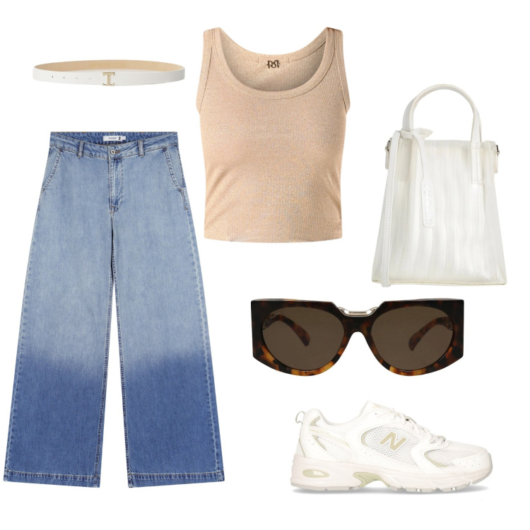 Outfit donna - Rugby Match. Stile Casual per Sport. Abbinamento con borse a mano, occhiali da sole, cinture, canottiere, jeans, sneakers.