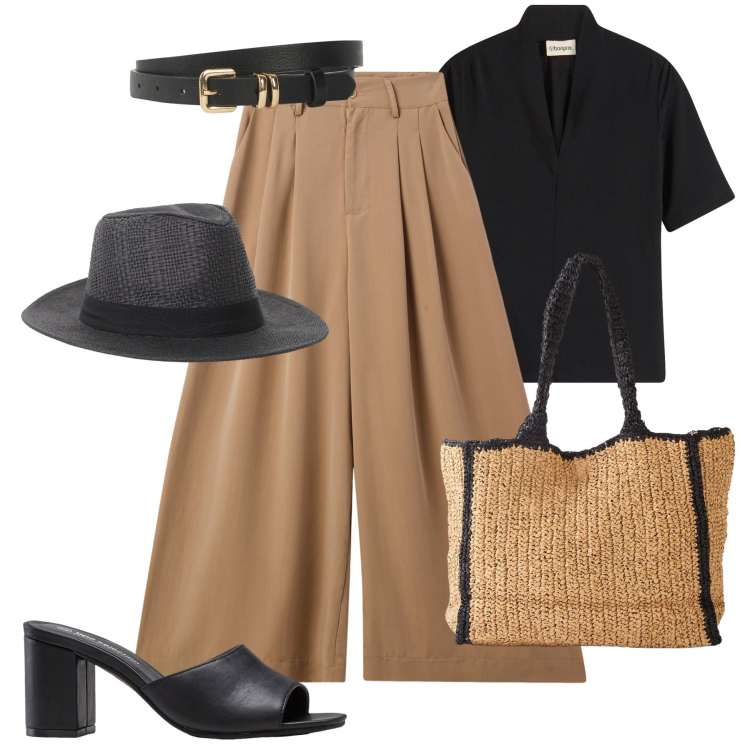 Outfit donna - Col cappello in rafia mannish. Stile Trendy per Tutti i giorni. Abbinamento con bluse, shopping bag, ciabatte, cinture, pantaloni, cappelli.