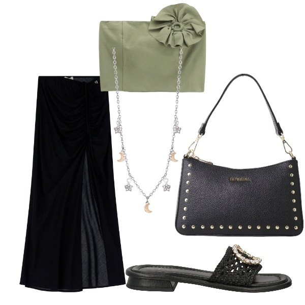 Outfit donna - Sabato sera di giugno. Stile Trendy per Serata fuori. Abbinamento con sandali in pelle, collane, borse a spalla, gonne lunghe, top.