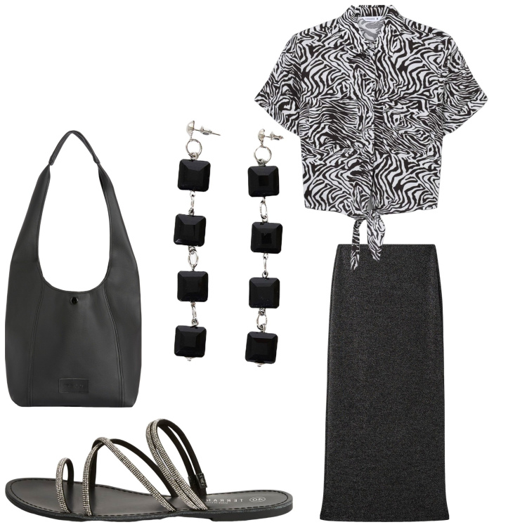Outfit donna - Nero estate. Stile Casual chic per Tutti i giorni. Abbinamento con camicie a manica corta, gonne lunghe, sandali, orecchini, borse a spalla.