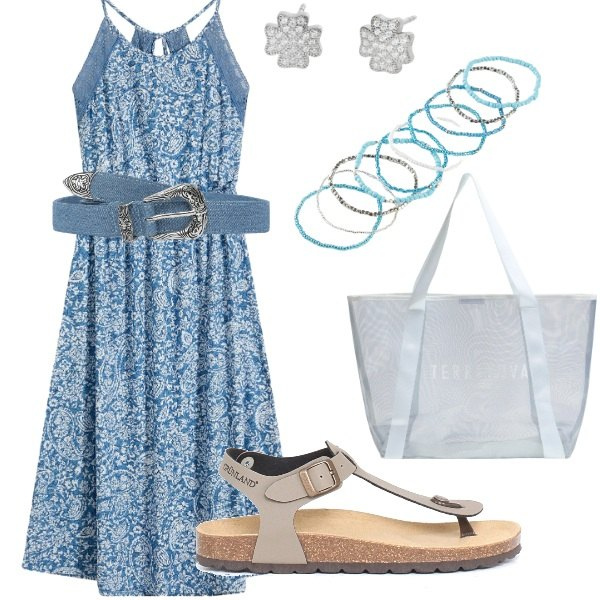 Outfit donna - Turista per caso. Stile Casual per Tutti i giorni. Abbinamento con vestiti, braccialetti, cinture, shopping bag, orecchini, sandali.