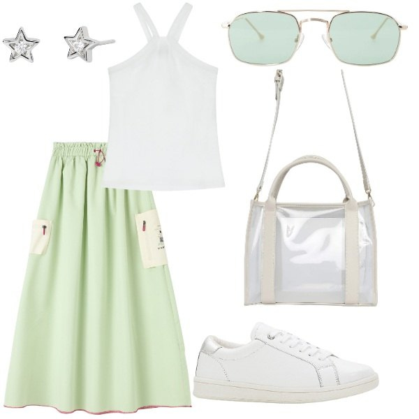 Outfit donna - A spasso per la città. Stile Casual per Tutti i giorni. Abbinamento con sneakers, gonne lunghe, borse tote, orecchini, occhiali da sole, top.
