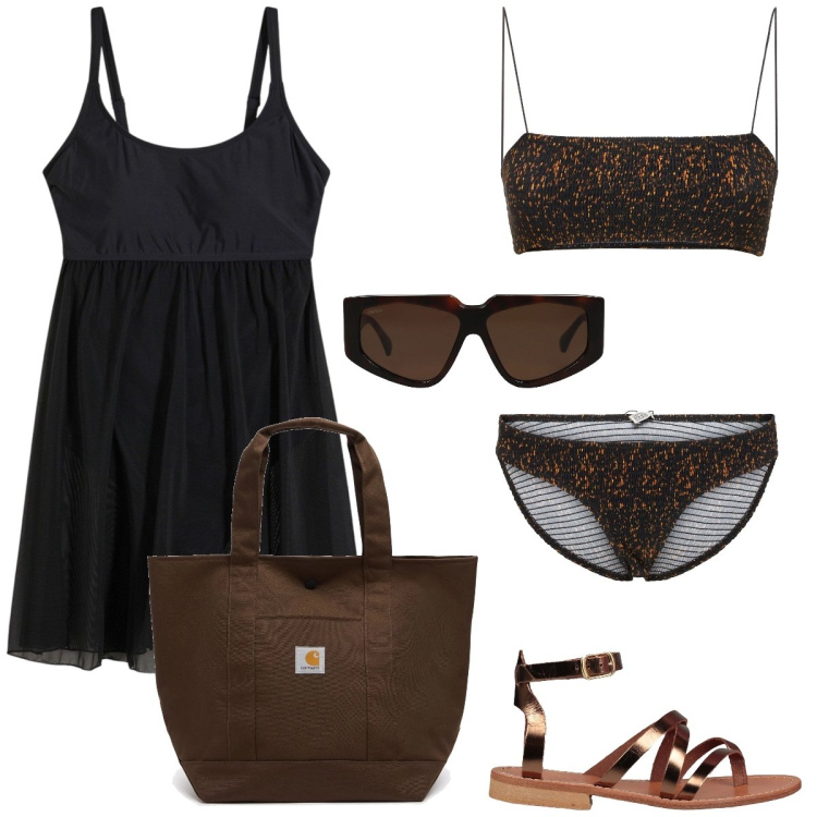 Outfit donna - In spiaggia. Stile Chic per Mare. Abbinamento con vestiti da spiaggia, infradito, occhiali da sole, borse tote, bikini, bikini.